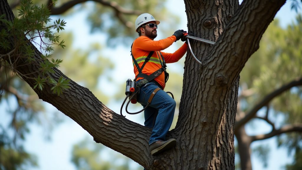 Certified Arborist Trimming Trees in Florida – Professional Tree Care Services A certified arborist in safety gear trimming a tree in Florida to promote health, safety, and curb appeal.