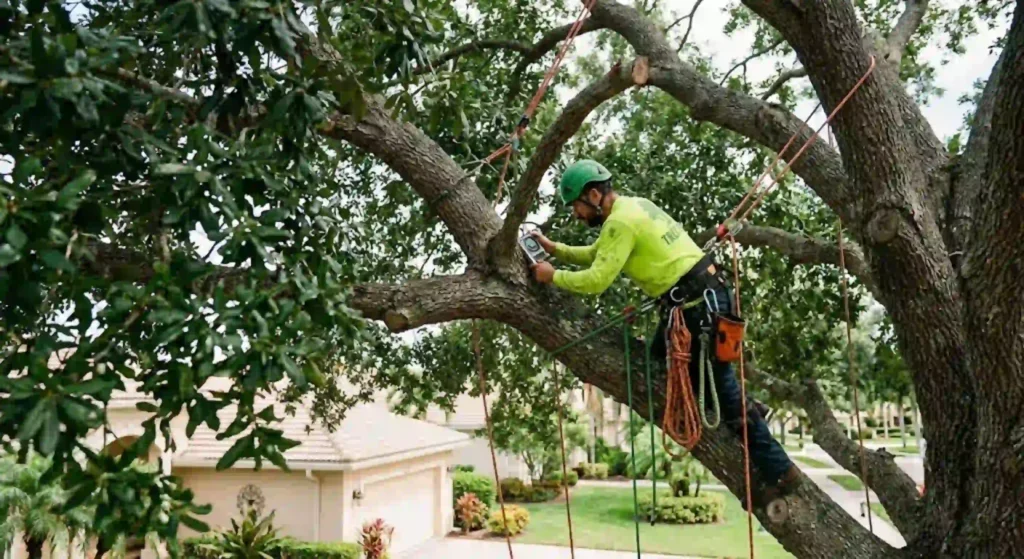 Arborist inspecting Laurel Oak canopy structure