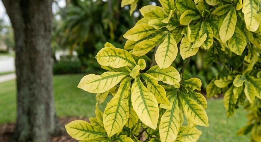 Close-up of iron chlorosis pattern with green veins and yellow leaves