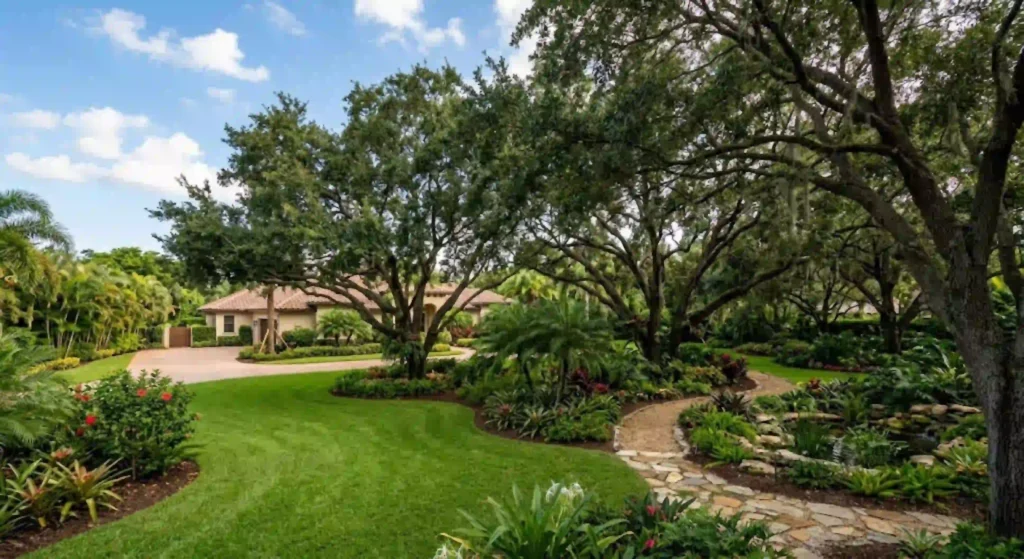 Completed landscape with mature canopy trees on large Davie lot