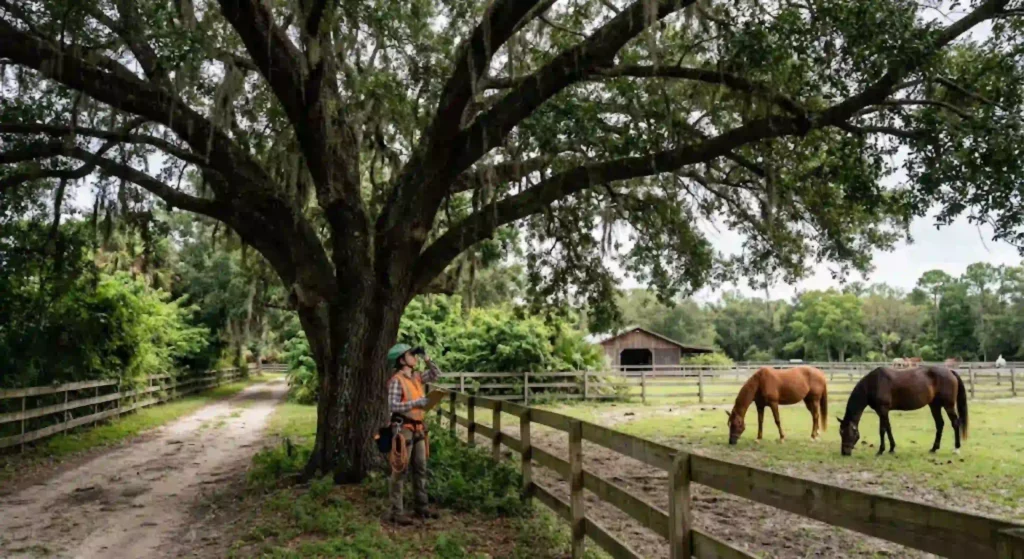 Large tree canopy near horse paddock requiring inspection in Davie