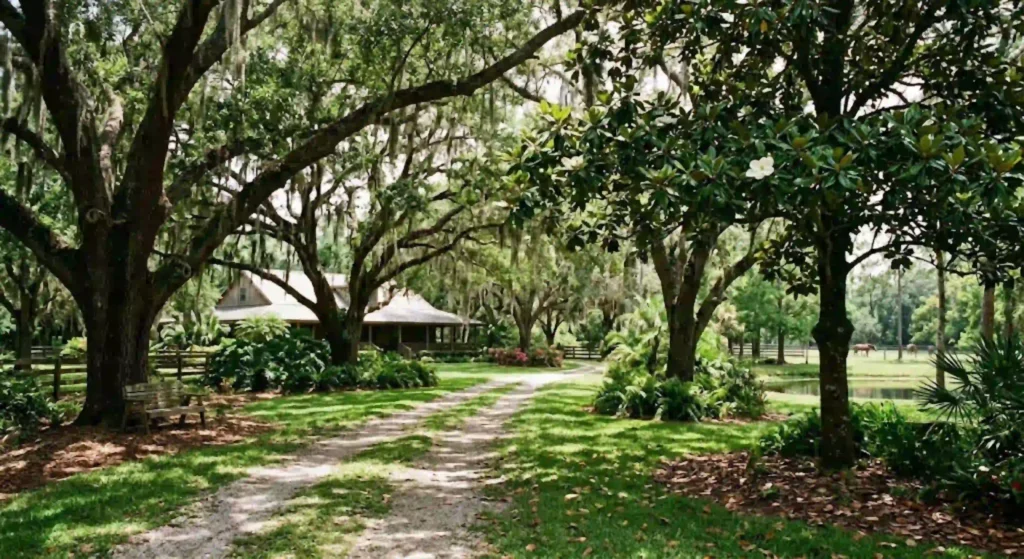 Live oak and magnolia trees creating shade on large property in Davie