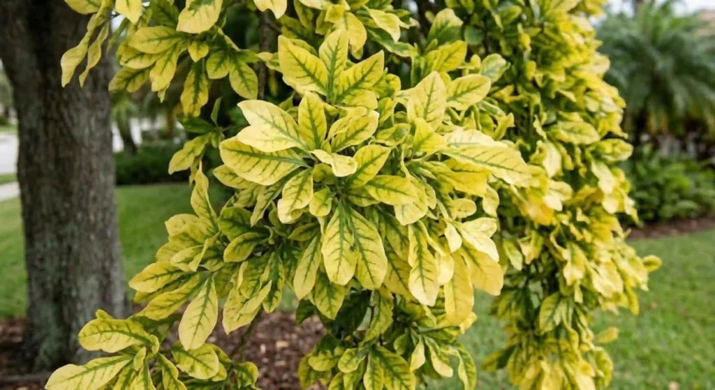 Tree in Boca Raton showing yellow leaves caused by iron chlorosis
