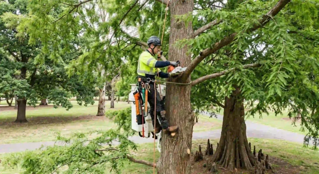 Professional arborist pruning a Bald Cypress tree in Parkland