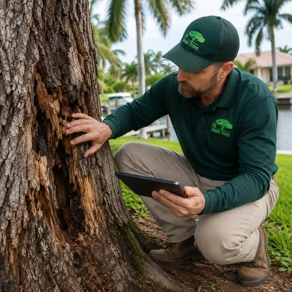 Certified arborist inspecting Tree Rot on a Fort Lauderdale tree
