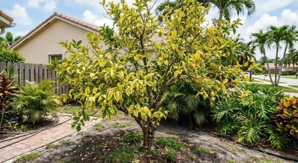 Citrus tree with yellow leaves showing signs of nutrient deficiency in Fort Lauderdale