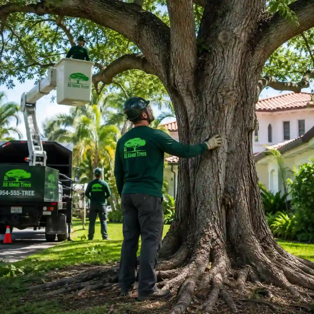 Professional tree risk assessment team evaluating a mature Fort Lauderdale tree