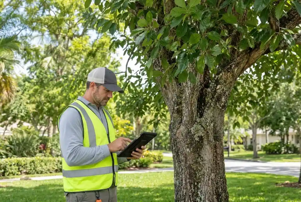 Arborist documenting tree characteristics during a professional tree survey and risk assessment in Plantation, FL.