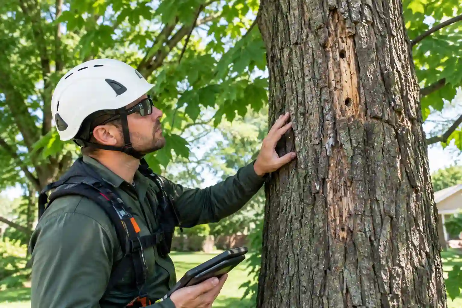 Arborist inspecting an ash tree for Emerald Ash Borer Damage
