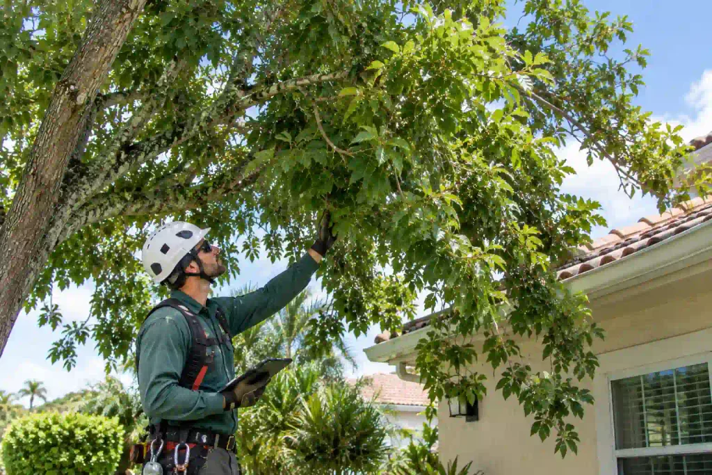 Arborist inspecting overgrown tree branches near a Parkland, Florida, home before storm season.