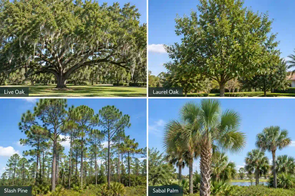 Examples of common Tree Species in Plantation, Florida, including Live Oak, Laurel Oak, Slash Pine, and Sabal Palm.