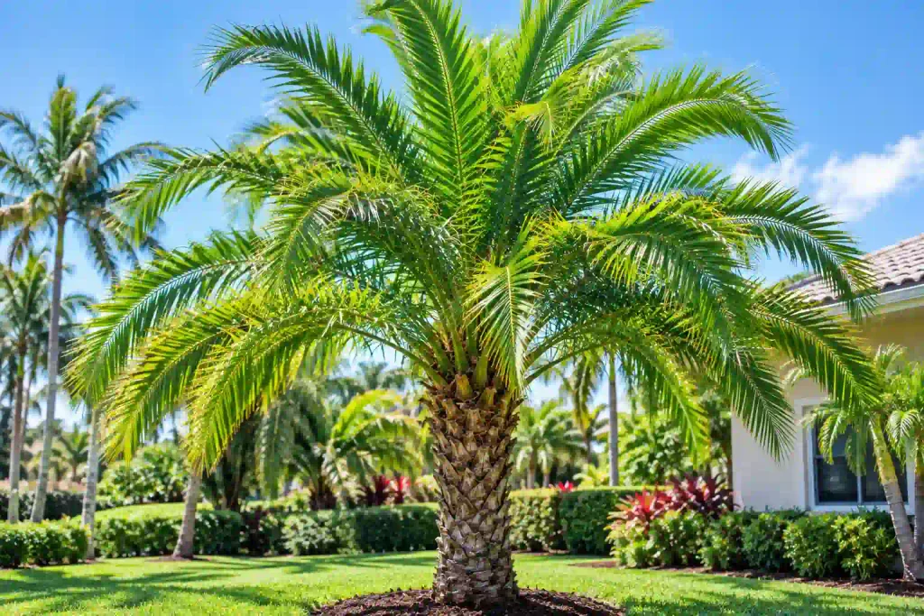 Palm tree with healthy green fronds following appropriate professional fertilization
