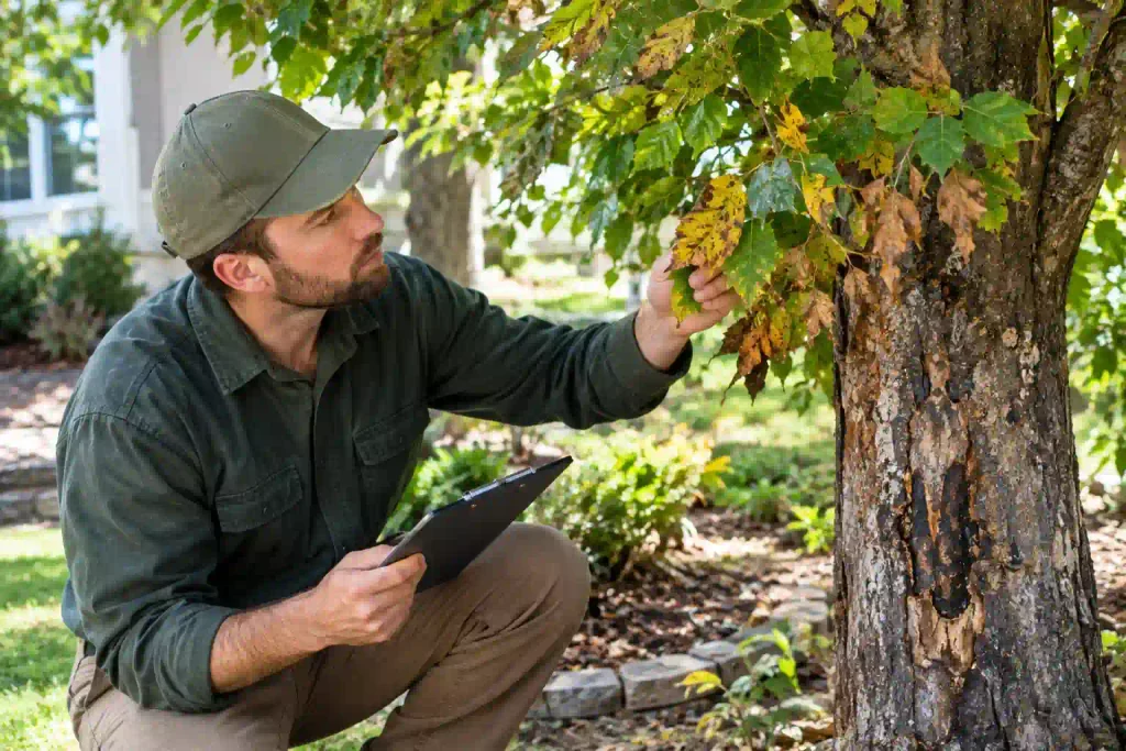 Professional arborist assessing tree disease and structural defects in Fort Lauderdale, FL.