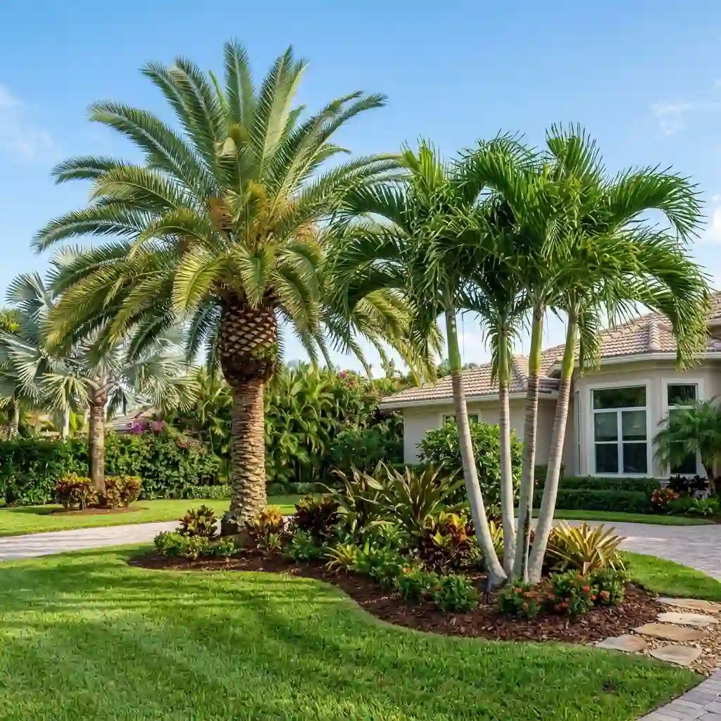 Professionally maintained palm trees with healthy crowns in a South Florida residential landscape