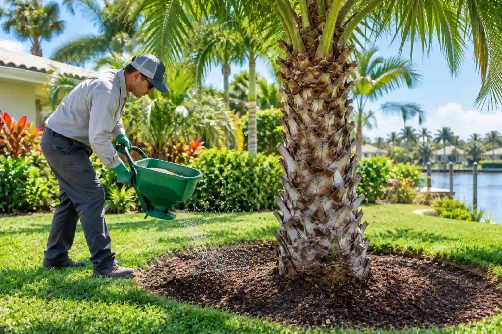Tree care professional applying slow-release fertilizer around the root zone of a palm tree in South Florida